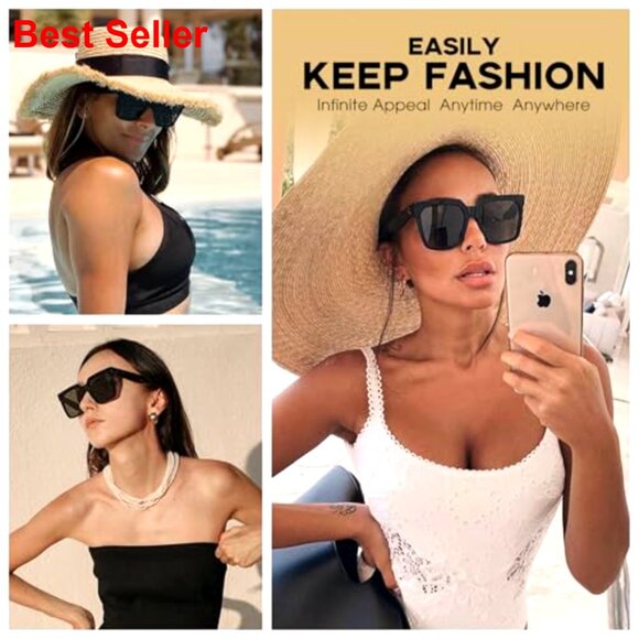 Oversized Square Sunglasses with UV 400 Protection, Metal Accents